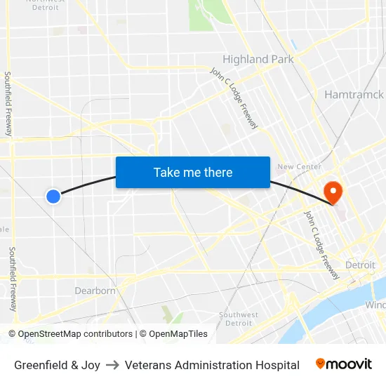 Greenfield & Joy to Veterans Administration Hospital map