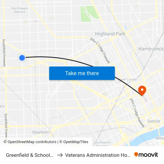 Greenfield & Schoolcraft to Veterans Administration Hospital map