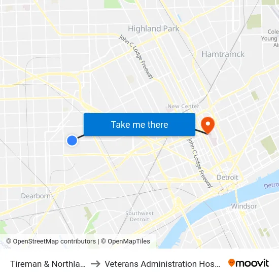 Tireman & Northlawn to Veterans Administration Hospital map