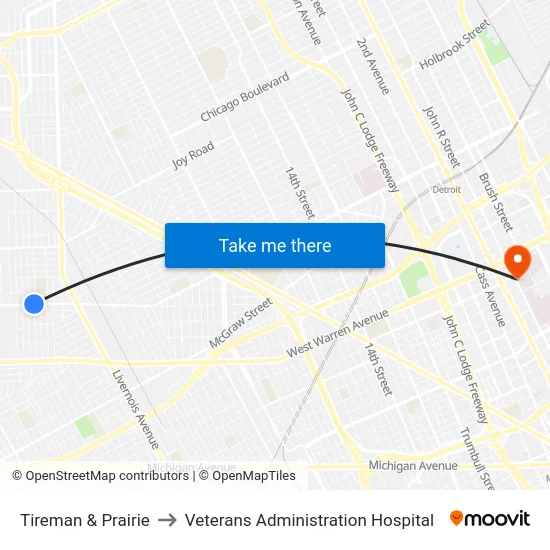 Tireman & Prairie to Veterans Administration Hospital map