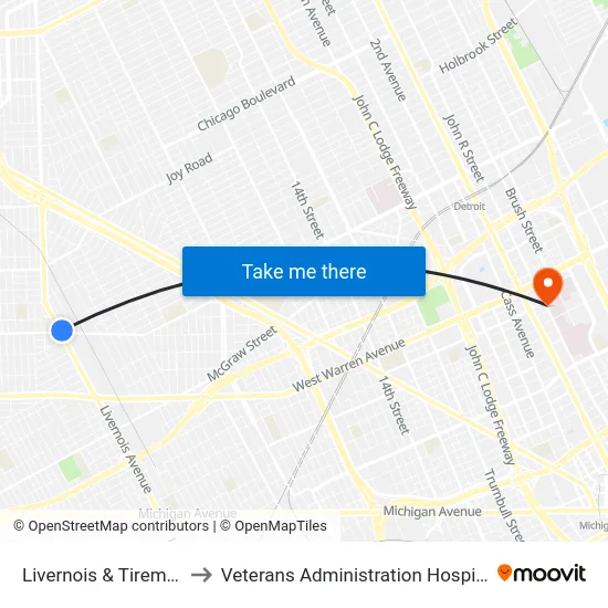 Livernois & Tireman to Veterans Administration Hospital map