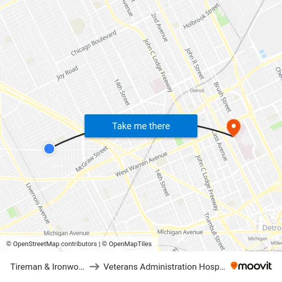 Tireman & Ironwood to Veterans Administration Hospital map