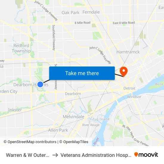 Warren & W Outer Dr to Veterans Administration Hospital map