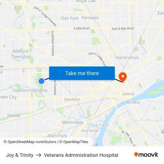 Joy & Trinity to Veterans Administration Hospital map