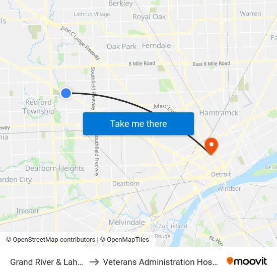 Grand River & Lahser to Veterans Administration Hospital map