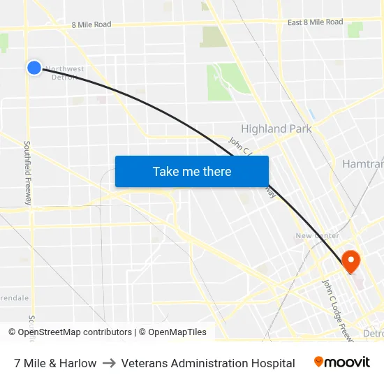 7 Mile & Harlow to Veterans Administration Hospital map