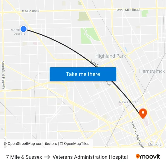 7 Mile & Sussex to Veterans Administration Hospital map