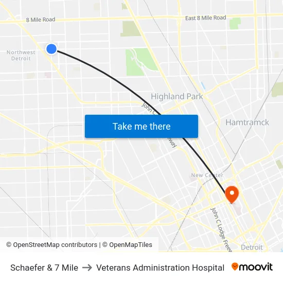 Schaefer & 7 Mile to Veterans Administration Hospital map