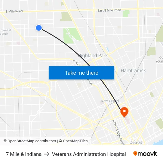 7 Mile & Indiana to Veterans Administration Hospital map
