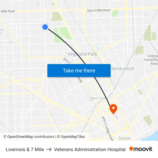 Livernois & 7 Mile to Veterans Administration Hospital map