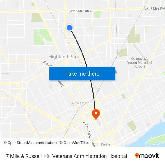 7 Mile & Russell to Veterans Administration Hospital map