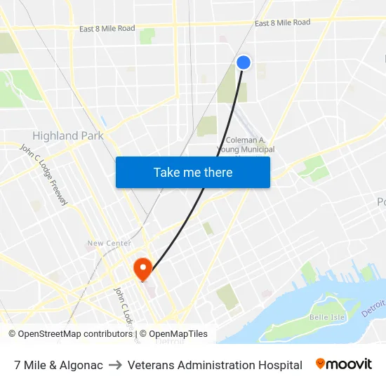 7 Mile & Algonac to Veterans Administration Hospital map