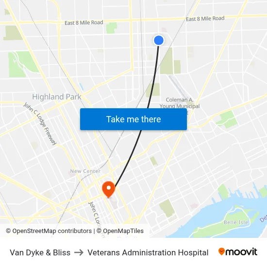 Van Dyke & Bliss to Veterans Administration Hospital map