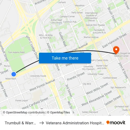 Trumbull & Warren to Veterans Administration Hospital map