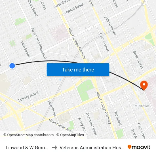 Linwood & W Grand Bl to Veterans Administration Hospital map