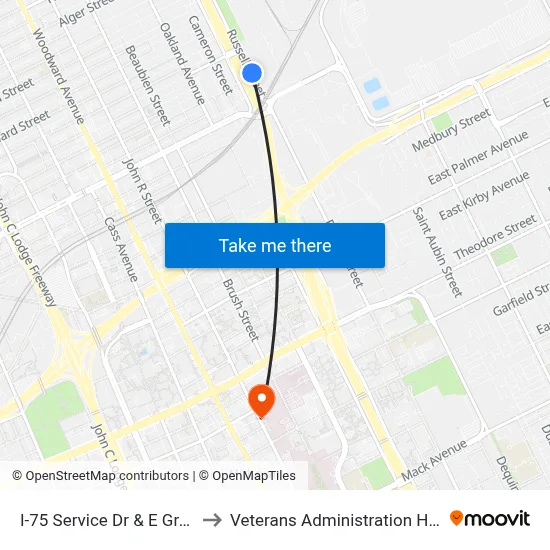 I-75 Service Dr & E Grand Bl to Veterans Administration Hospital map