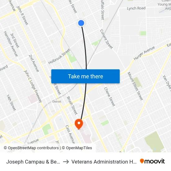 Joseph Campau & Belmont to Veterans Administration Hospital map