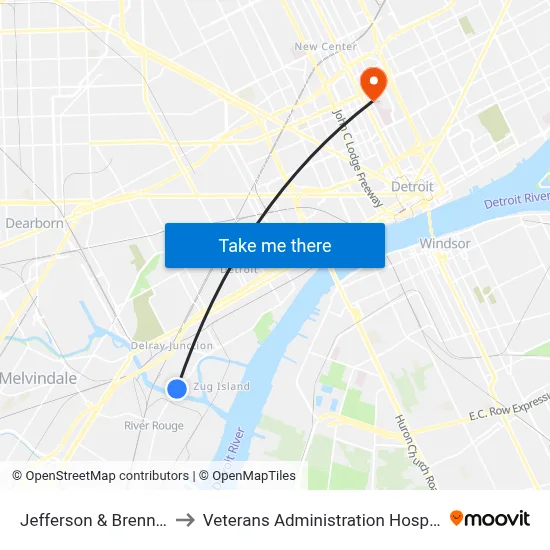 Jefferson & Brennan to Veterans Administration Hospital map