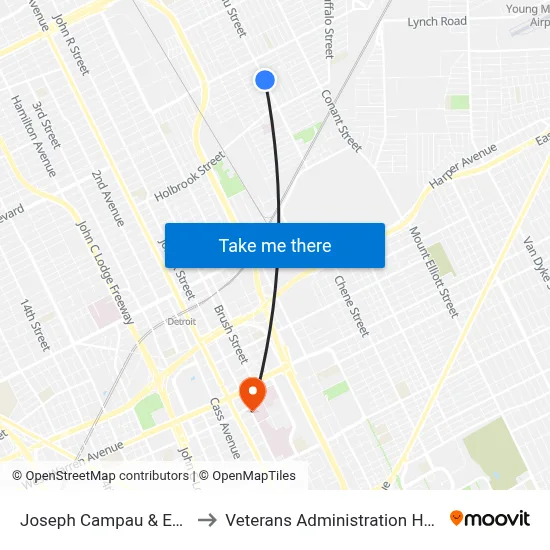 Joseph Campau & Evaline to Veterans Administration Hospital map