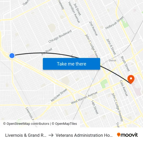 Livernois & Grand River to Veterans Administration Hospital map