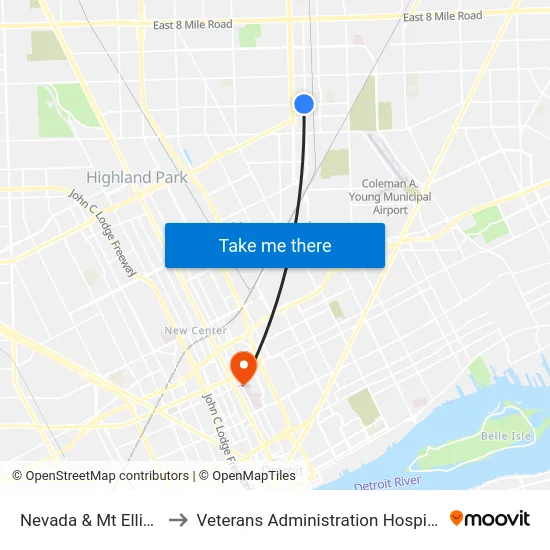 Nevada & Mt Elliott to Veterans Administration Hospital map