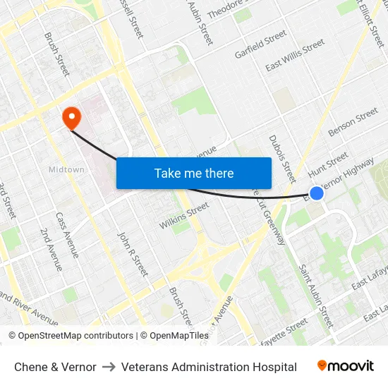 Chene & Vernor to Veterans Administration Hospital map