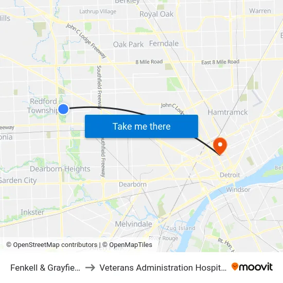 Fenkell & Grayfield to Veterans Administration Hospital map