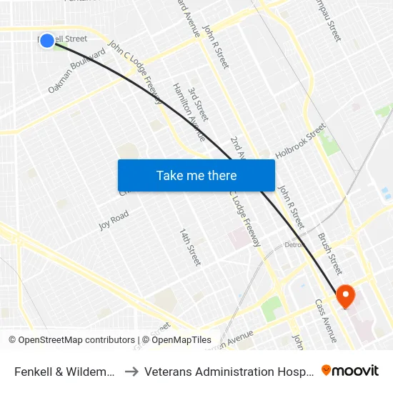 Fenkell & Wildemere to Veterans Administration Hospital map