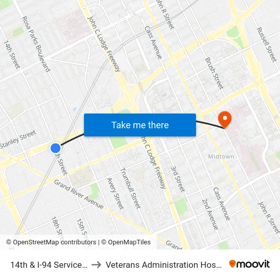 14th & I-94 Service Dr to Veterans Administration Hospital map