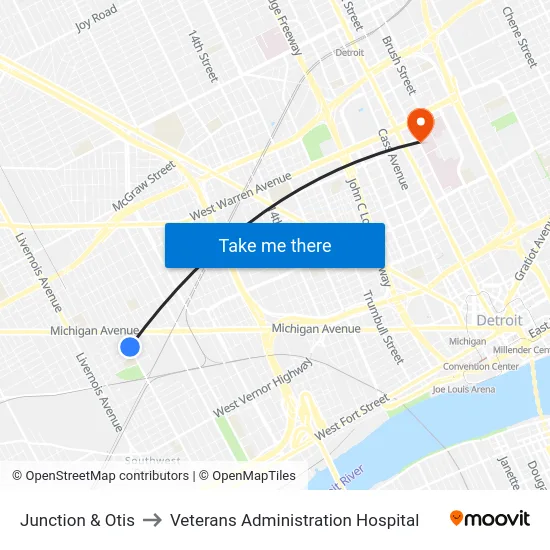 Junction & Otis to Veterans Administration Hospital map