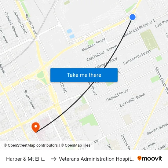 Harper & Mt Elliott to Veterans Administration Hospital map