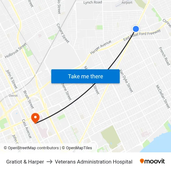 Gratiot & Harper to Veterans Administration Hospital map