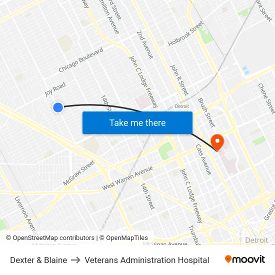 Dexter & Blaine to Veterans Administration Hospital map