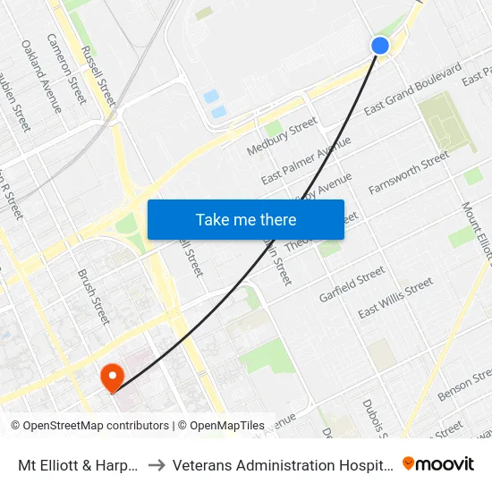 Mt Elliott & Harper to Veterans Administration Hospital map