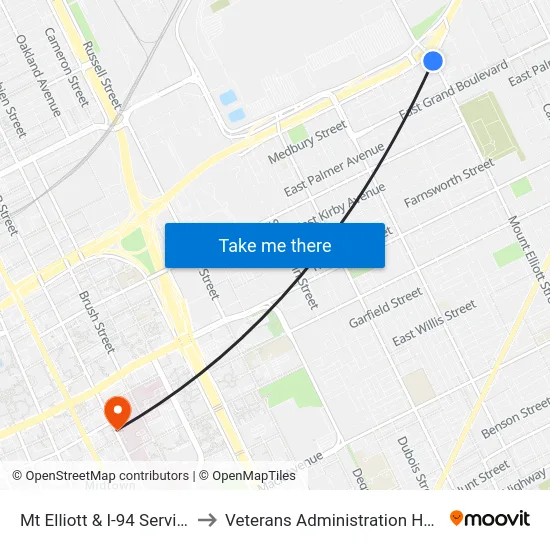 Mt Elliott & I-94 Service Dr to Veterans Administration Hospital map