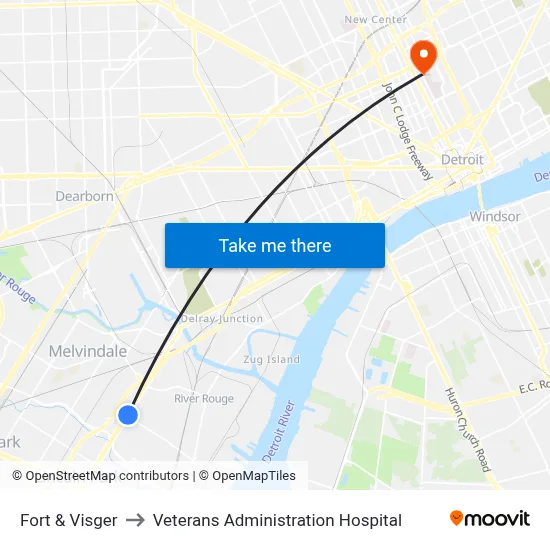 Fort & Visger to Veterans Administration Hospital map