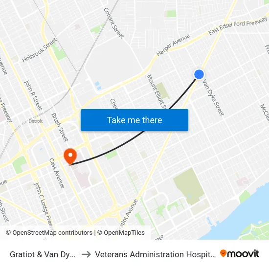 Gratiot & Van Dyke to Veterans Administration Hospital map