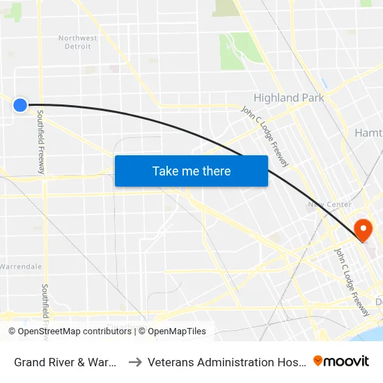 Grand River & Warwick to Veterans Administration Hospital map
