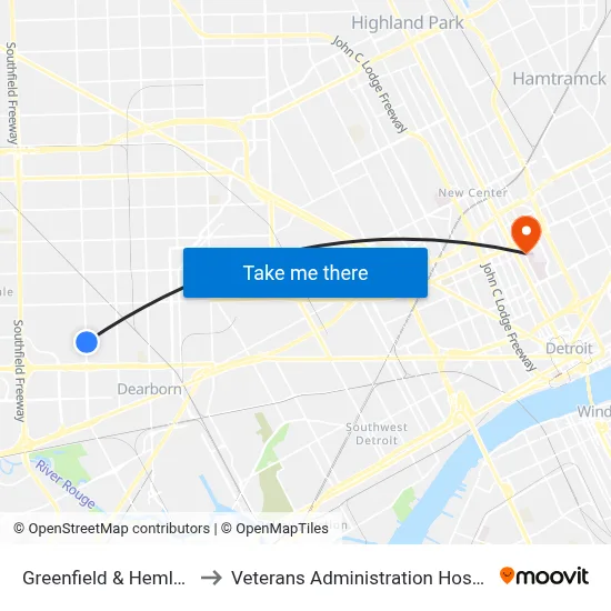 Greenfield & Hemlock to Veterans Administration Hospital map