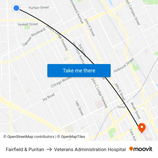 Fairfield & Puritan to Veterans Administration Hospital map