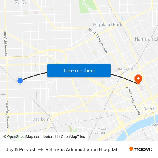 Joy & Prevost to Veterans Administration Hospital map