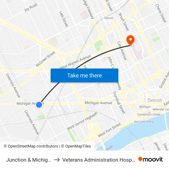 Junction & Michigan to Veterans Administration Hospital map
