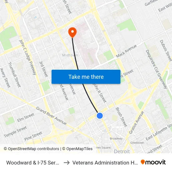 Woodward & I-75 Service Dr to Veterans Administration Hospital map