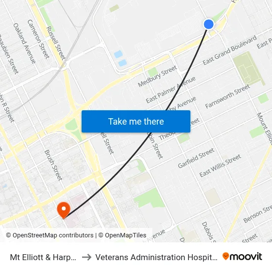Mt Elliott & Harper to Veterans Administration Hospital map