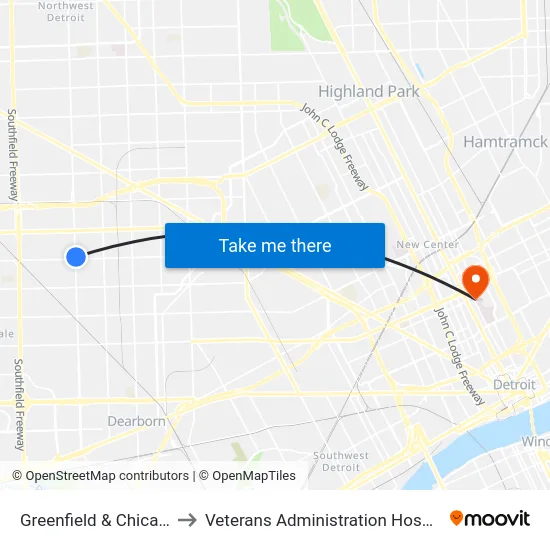Greenfield & Chicago to Veterans Administration Hospital map