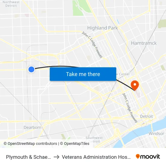 Plymouth & Schaefer to Veterans Administration Hospital map