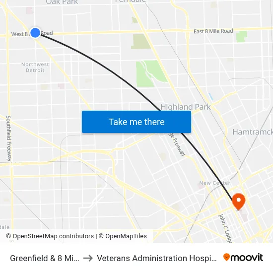 Greenfield & 8 Mile to Veterans Administration Hospital map
