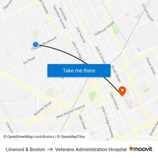 Linwood & Boston to Veterans Administration Hospital map