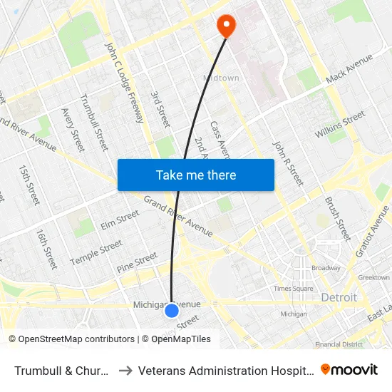 Trumbull & Church to Veterans Administration Hospital map