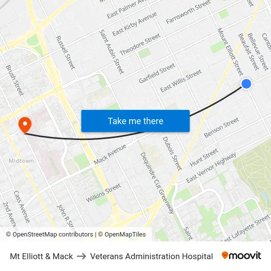 Mt Elliott & Mack to Veterans Administration Hospital map